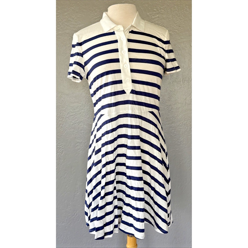 NWT Avec Les Filles Dress Women's Medium Navy White Stripes Short Sleeves (A)